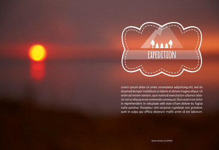 Vector illustration. Blank. The label on the topic of travel with the text on the background of blurred photos sunsetのイラスト素材