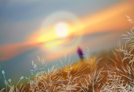 Vector illustration. Blurred photo background with sunlight and grass silhouettes in the foreground.のイラスト素材