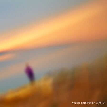 Vector illustration. Blurred photo background with sunlight and the silhouette of a man on the shoreの写真素材
