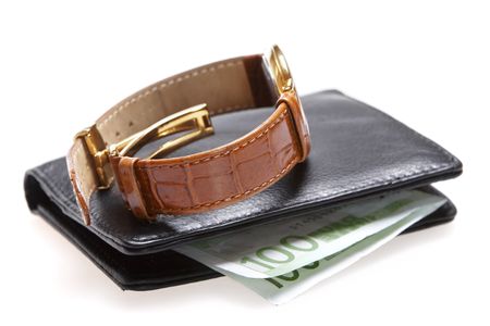 purse and watch isolated on white backgroundの写真素材