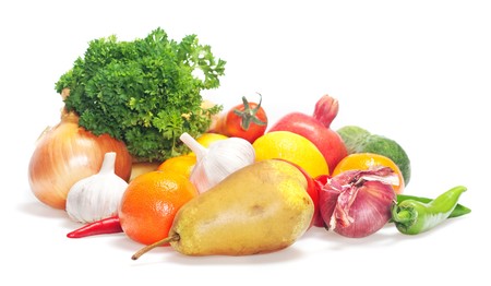 fresh vegetables and fruits isolated on white backgroundの写真素材