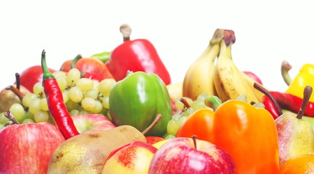 fresh vegetables and fruits isolated on white backgroundの写真素材