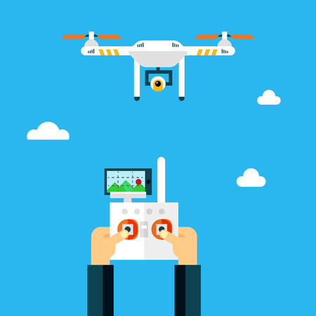 Remote aerial drone with a camera taking photography or video recording . Vector drone and hands on isolated background. Drone and hands with remote control in flat design.のイラスト素材