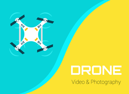 Drone Video and Photography. Vector isolated Drone on green background. Vector Drone. Aerial drone flying flying over the seaのイラスト素材