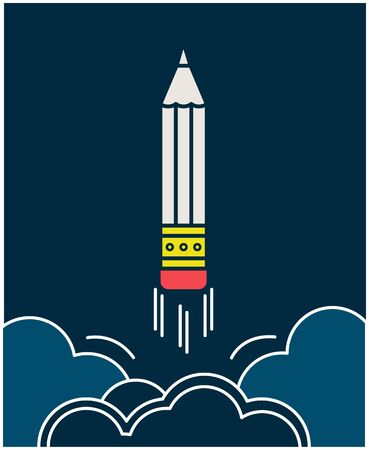 Pencil takes off like a rocket into space. Copywriting emblem. Pensil in outline style. Development in copywriting concept.のイラスト素材