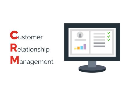 Customer Relationship Management. Flat icon of accounts in computer system. Customer database and CRM inscription.のイラスト素材