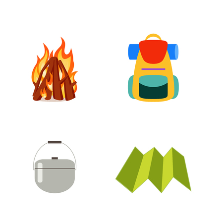 Hike vector set isolated. Fire, backpack, cauldron, card in flat style.のイラスト素材