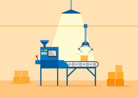 Conveyor Machine in Factory - flat illustration. Manufacture and packaging on factory by conveyor belt. Products fabricated on conveyor system.のイラスト素材