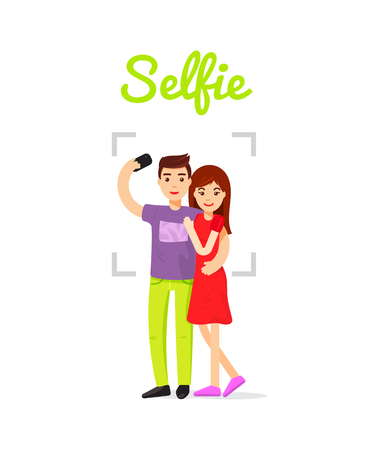 Couple in love doing selfie. Happy couple hugging and make selfie. Beautiful boy and girl happy together illustration.のイラスト素材