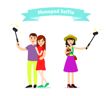 Monopod selfie concept. Happy couple hugging and make selfie. Girl holding a puppy and makes selfie. characters characters in stories.のイラスト素材