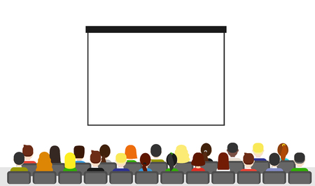 Spectators sit in the hall and wait for the presentation. People sitting at the conference in flat style.のイラスト素材
