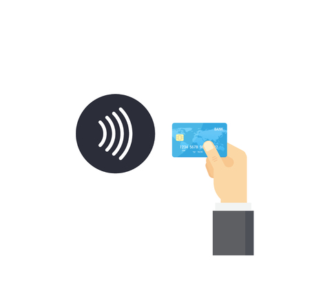 Pos terminal confirms contactless payment from credit card. NFC Payment vector illustration in flat style.のイラスト素材