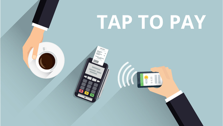 Pos terminal confirms payment from smartphone. Mobile Payment and NFC technology concept. Flat style vector illustration.のイラスト素材