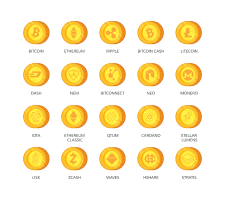 Vector set of cryptocurrency icons. Top 20 signs related to bitcoin and based on blockchain technologie crypto currencies with fast growing market capitalization. Such as bitcoin, ethereum, ripple, litecoin, dash, nem, bitconnect, neo, monero, iota, etc.の写真素材
