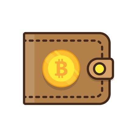 Bitcoin wallet. Coin drops in purse. Vector illustration. Brown purse with gold cryptocurrency symbolの写真素材