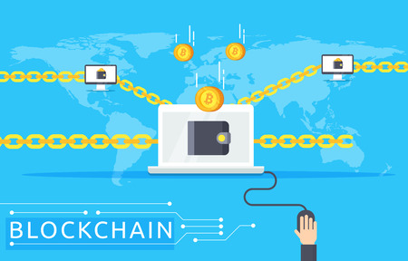 Blockchain vector illustration in flat style. The chains marge computers to the network. Mining process - bitcoin get to the wallet.のイラスト素材