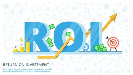 ROI concept design with elements. Return on investment - vector flat banner. Illustration of efficiency of investments in business.のイラスト素材