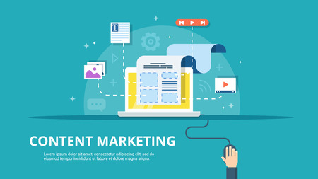 Content Management, SMM and Blogging concept in flat design. Creating, marketing and sharing of digital - vector illustration.のイラスト素材
