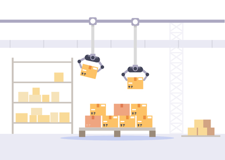 Warehouse with boxes flat vector illustration. Factory packing and store concept.のイラスト素材