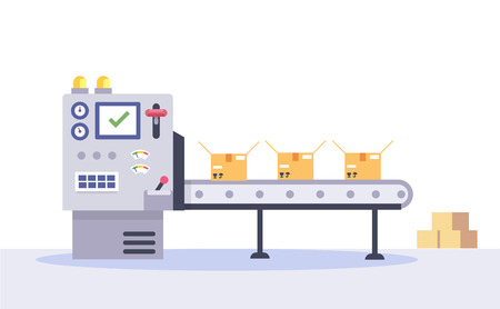 Conveyor belt in factory with assembly line. Technology and packing concept in flat style. Industrial machine vector illustration.のイラスト素材