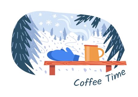 Coffee time for hiker, skier and snowboarder. Vector sticker. The aroma of coffee and view of the winter mountains with forest. Ski resort concept.のイラスト素材