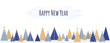 Happy New Year concept - winter banner background. Vector illustration in flat style - Christmas decorative fir trees and falling snow. Copy space for text - for winter banners and headers.のイラスト素材