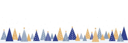 Happy New Year concept - winter banner background. Vector illustration in flat style - Christmas decorative fir trees and falling snow. Copy space for text - for winter banners and headers.のイラスト素材