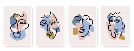 Contemporary abstract faces in one line art style on colorful shapes.