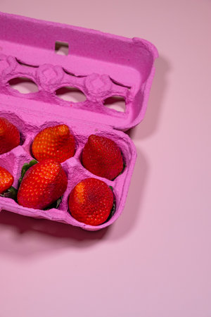 Pink Egg Carton with Fresh Strawberries on a Bright and Cool Pink Backgroundの写真素材