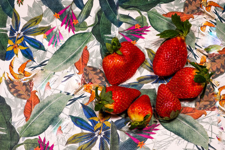 Succulent strawberries on a tropical paradise-themed surfaceの写真素材