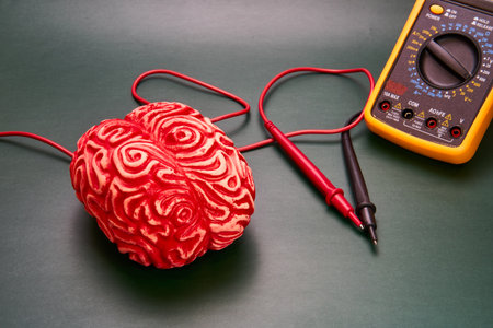 Representation of a human brain in red next to a machine for measuring electrical impulses on a dark...