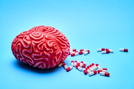 Representation of a red brain with a pile of red and white pills on a blue surface. Concept of...