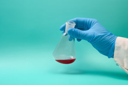 Unrecognizable hand shaking an Erlenmeyer flask with a red chemical.の写真素材