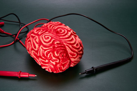 Red brain with red and black electrodes .の写真素材
