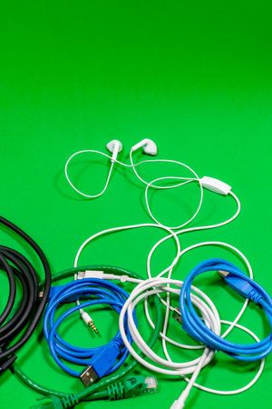 Wired headphones and many colorful cables on a green surfaceの写真素材