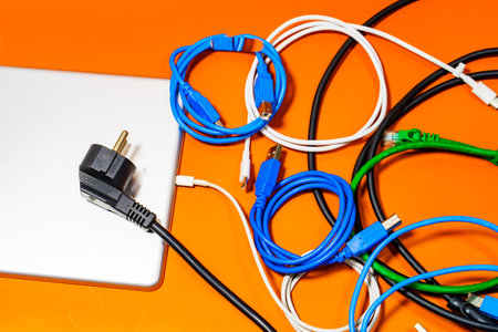 Electronic device with a bunch of colorful wires on top of an orange table.の写真素材