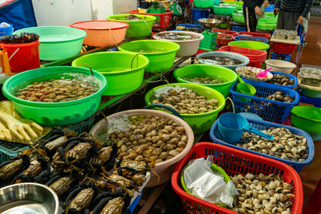 Vibrant Vietnamese market scene, showcasing fresh seafood and various local ingredients for sale.の写真素材