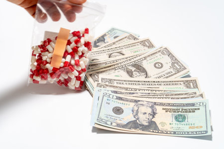 Close-up shot of a hand holding a bag of pills, with money fanned out next to it, suggesting a...