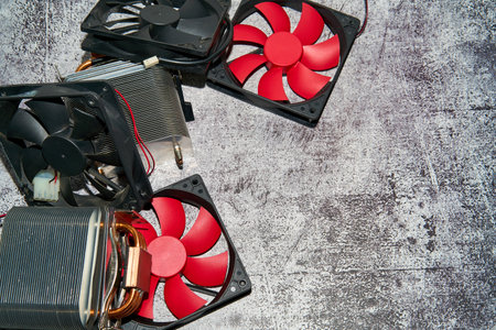 High angle of red computer cooler on surfaceの写真素材