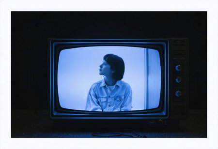 A person appears inside a vintage television, creating a unique and nostalgic image.の素材