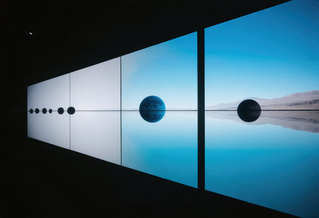 A striking visual of a sphere reflecting in calm water, a minimalist composition.の素材