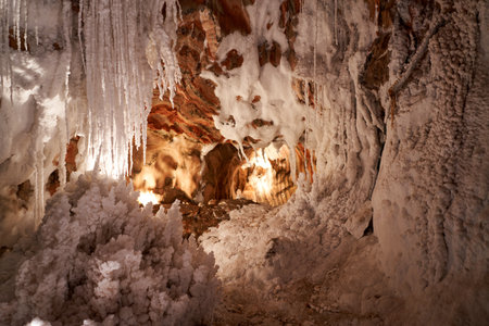 A mesmerizing view inside a salt cave revealing impressive natural mineral formations and structuresの写真素材