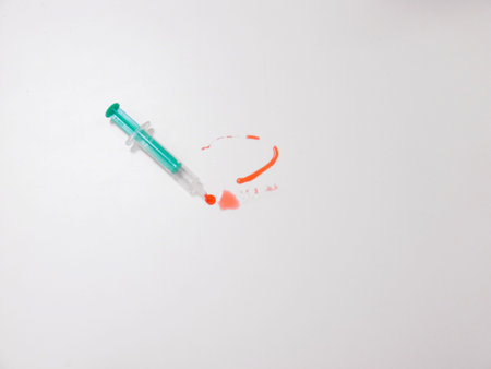 Prepared Syringe With Stain, Laboratory Scene Showing Medical Procedures In Progressの写真素材