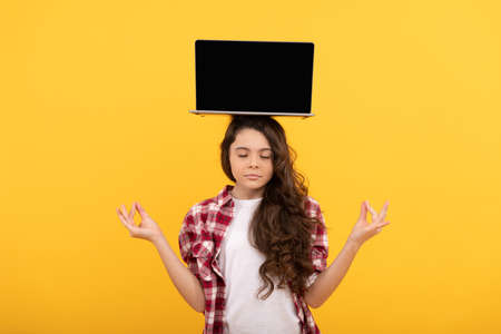 keep calm. school presentation on computer. kid ready for video study. girl with computer on head