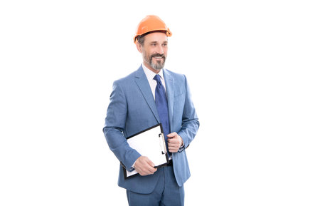 entrepreneur with project. ceo with construction documents. mature boss with clipboard.の写真素材
