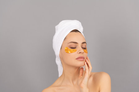 Skin that speaks. cosmetology. young woman in terry towel use patch. beauty day in spa.の写真素材