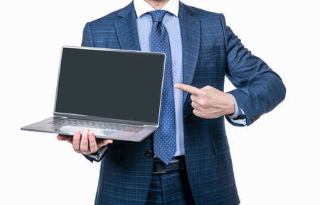 cropped businessman man pointing finger on laptop screen for copy space advertisement, business.