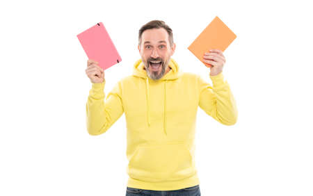 amazed handsome mature man hold book or notebook for education and reading isolated on white, school