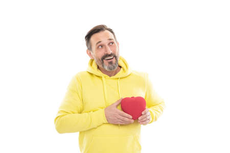 happy man in hoody hold heart shape present box symbol of love or donation isolated on white, love.の写真素材