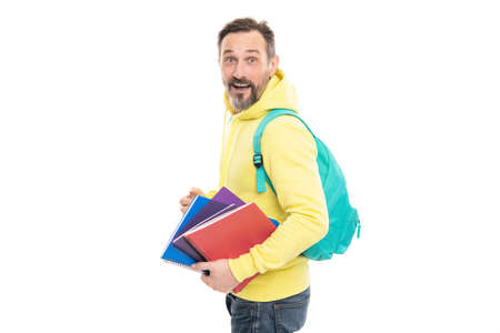 amazed man carry backpack hold notepad or workbook for education isolated on white, education.